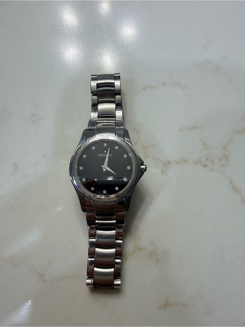 Movado Silver Stainless Steel Watch with Black Dial